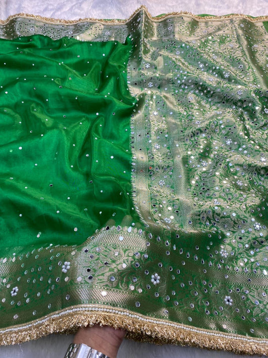 Tissue mirror handwork saree with lace