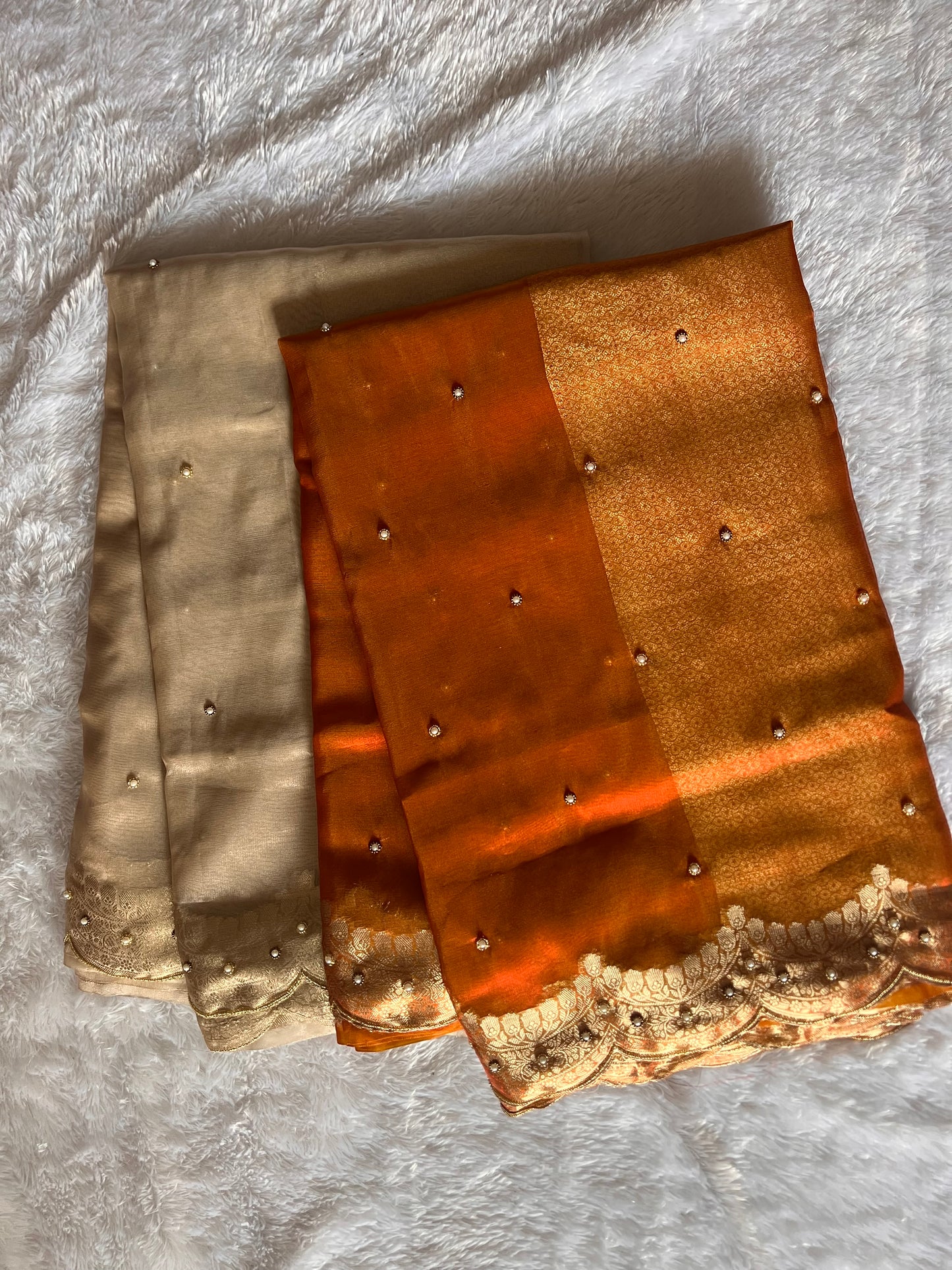 Tissue scalloped bead hand work saree