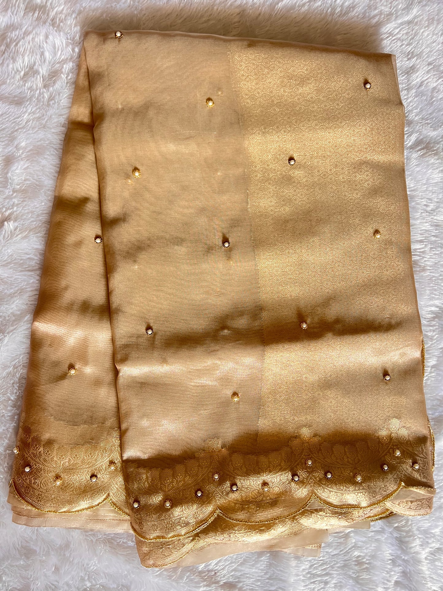 Tissue scalloped bead hand work saree