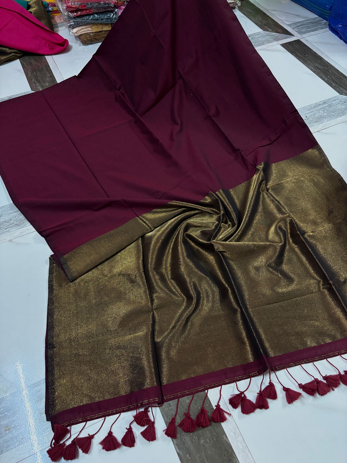 Maroon Cotton By Silk Pallu Sarees/Giccha