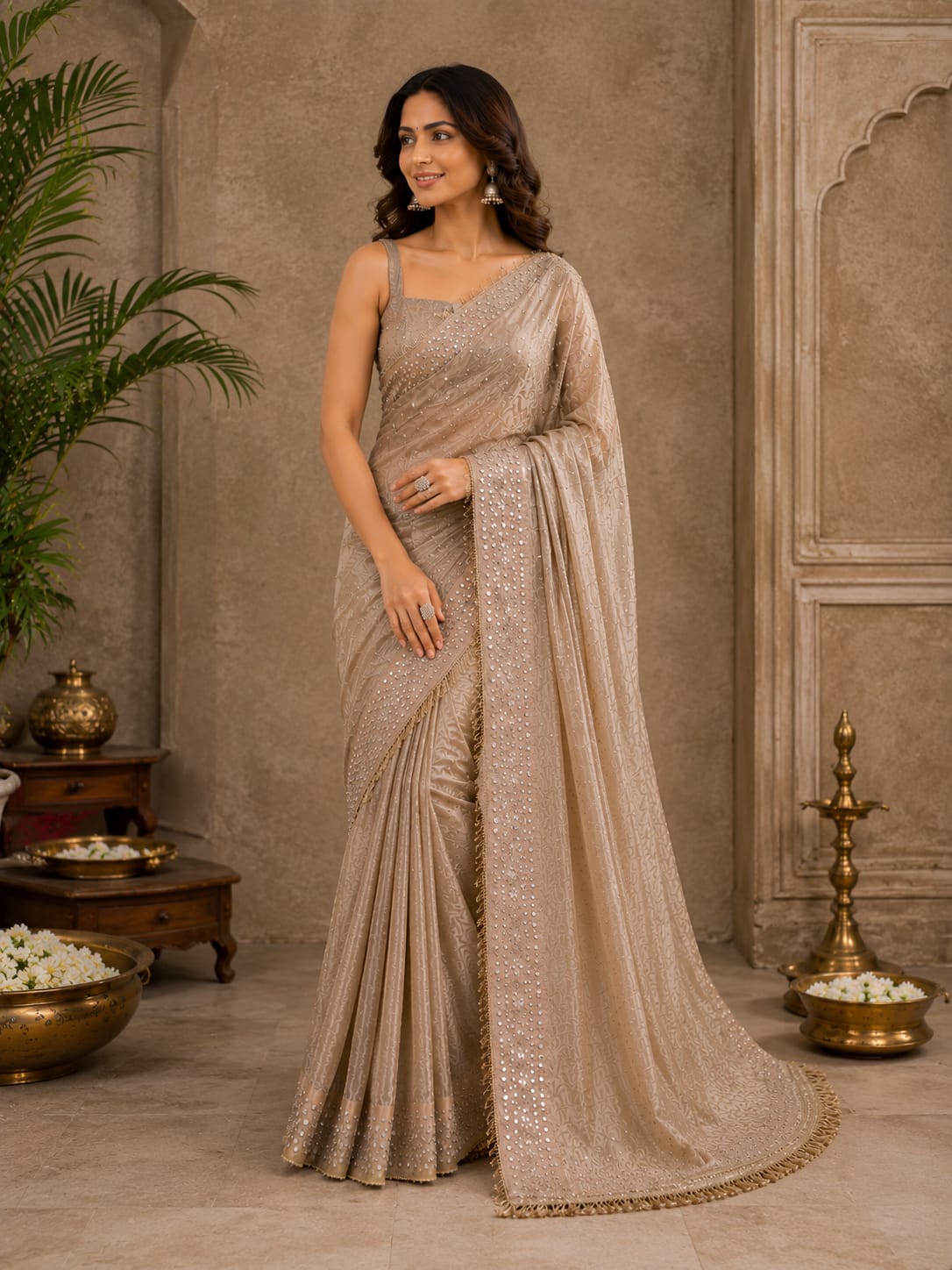 Tissue mirror hand work saree with sabyasachi border