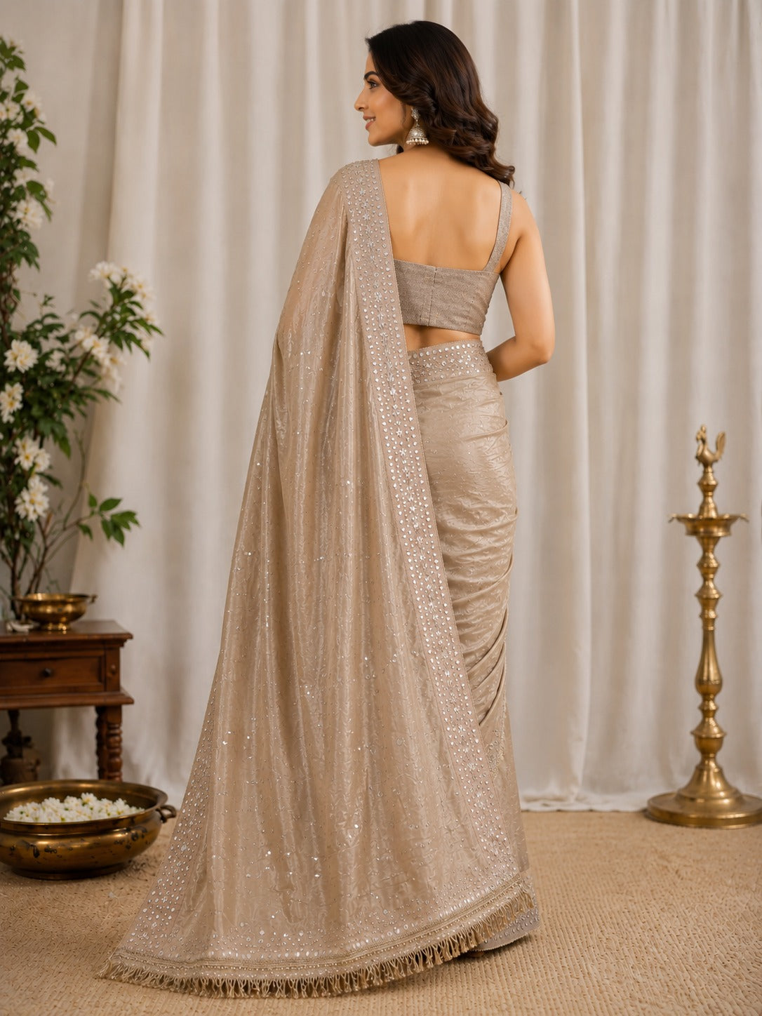 Tissue mirror hand work saree with sabyasachi border