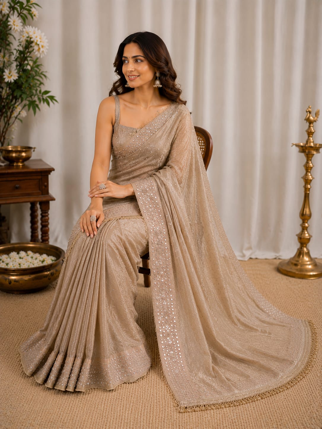 Tissue mirror hand work saree with sabyasachi border