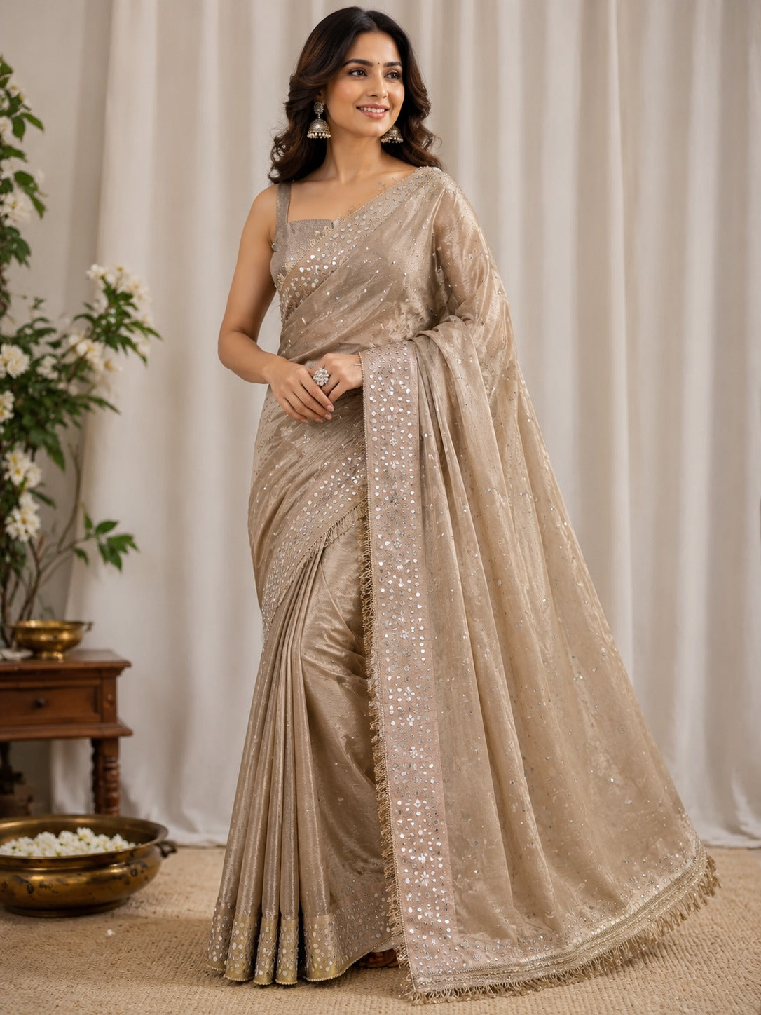 Tissue mirror hand work saree with sabyasachi border