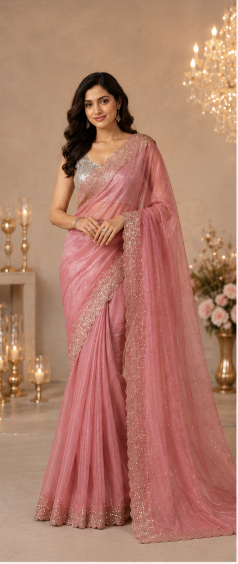 Bling Border Replica Sarees Blush Pink Colour