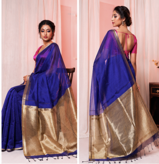 Ink Blue Khadi Jhari Sarees