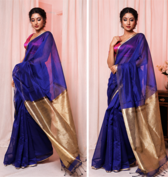 Ink Blue Khadi Jhari Sarees