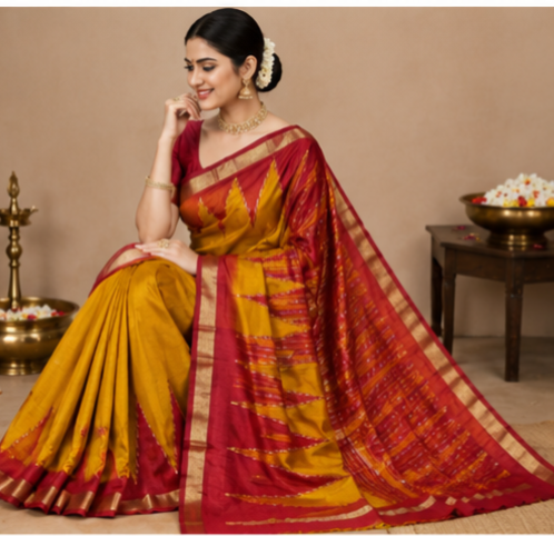 Dola Silk Sarees With Temple Border(Orange And Red)
