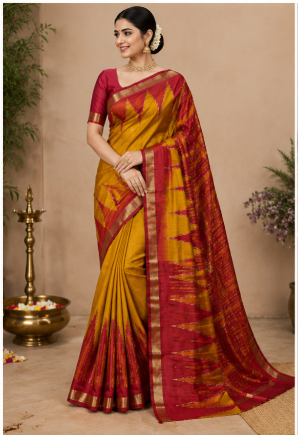 Dola Silk Sarees With Temple Border(Orange And Red)