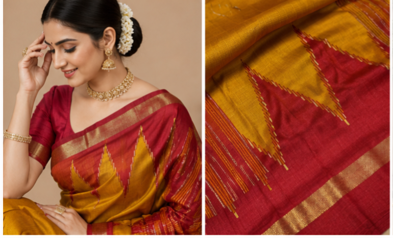 Dola Silk Sarees With Temple Border(Orange And Red)