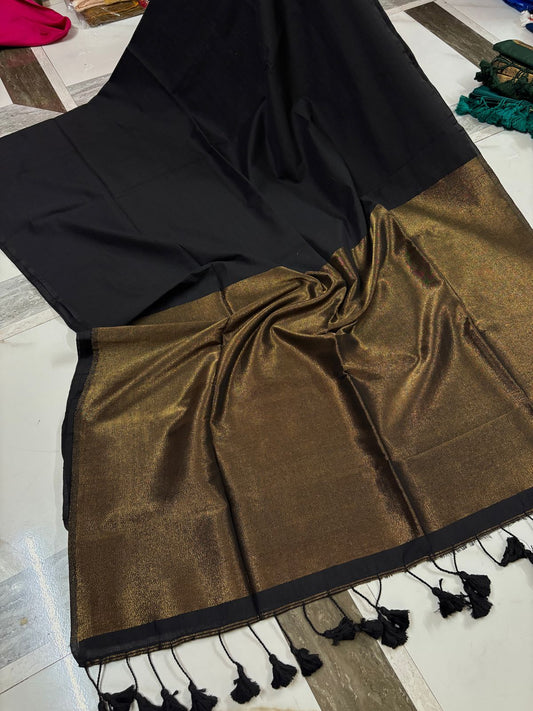 Black Cotton By Silk Pallu Sarees/Giccha