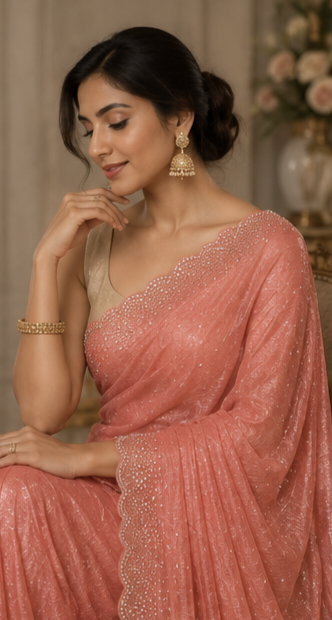Bling Border Replica Sarees Peach Pink