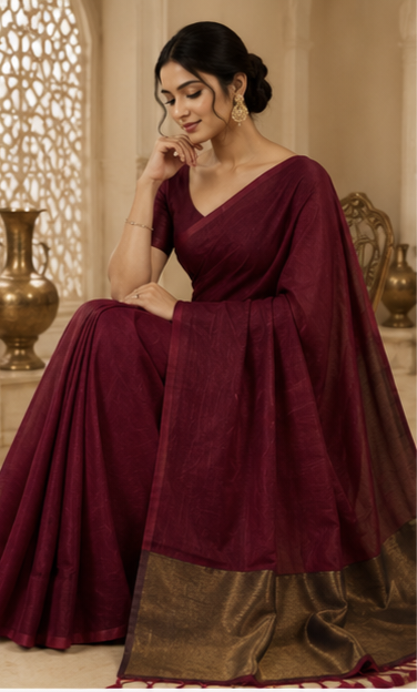 Maroon Cotton By Silk Pallu Sarees/Giccha