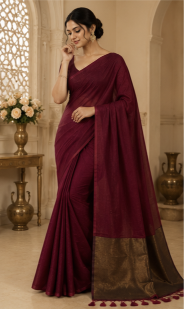 Maroon Cotton By Silk Pallu Sarees/Giccha