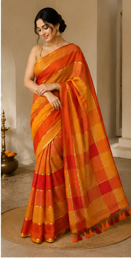 Zari Stripe mull Cotton Saree