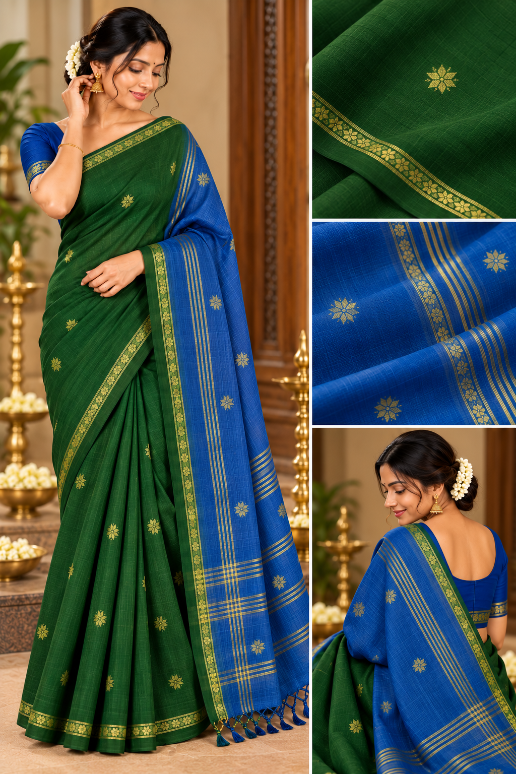 Premium  cotton saree (bottle green and blue)