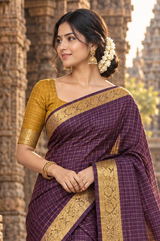 Premium maheshwari checks cotton silk saree (purple and mustard yellow)