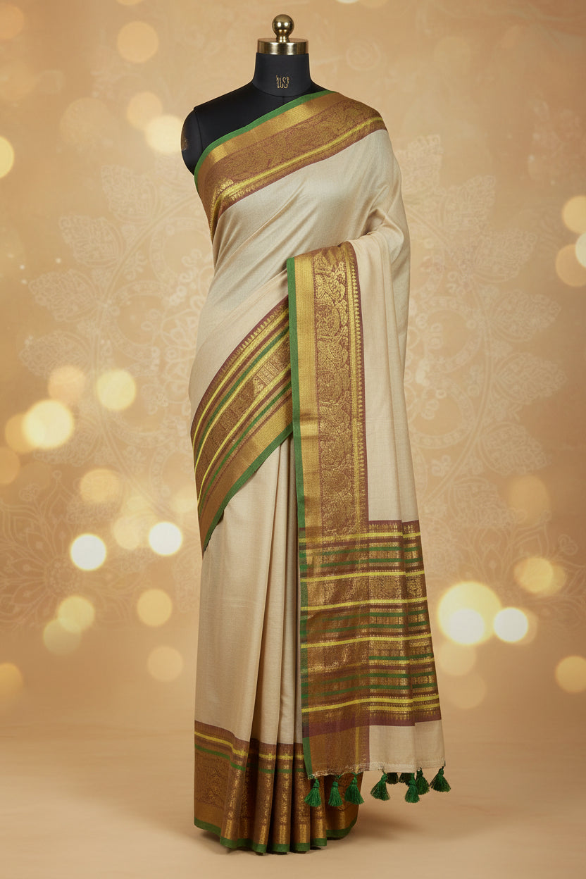 Mull cotton saree with kanchi border(cream ,green and brown border)