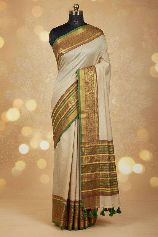 Mull cotton saree with kanchi border(cream ,green and brown border)