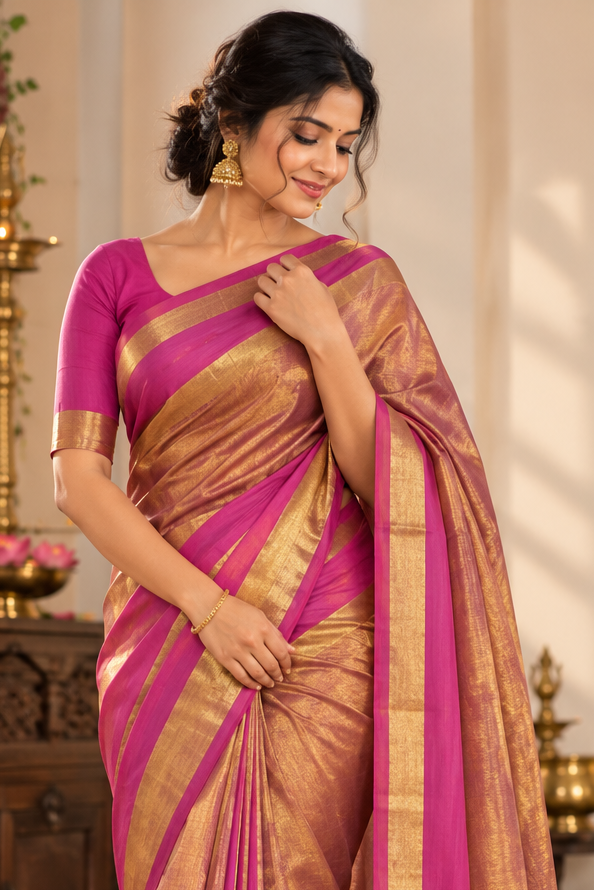 Tissue mull cotton saree (pink)