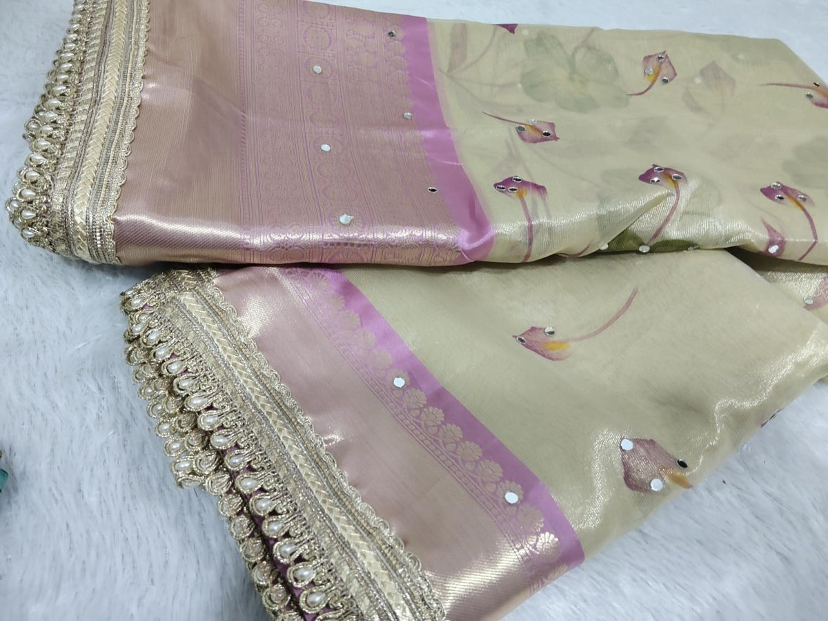 Tissue mirror work saree