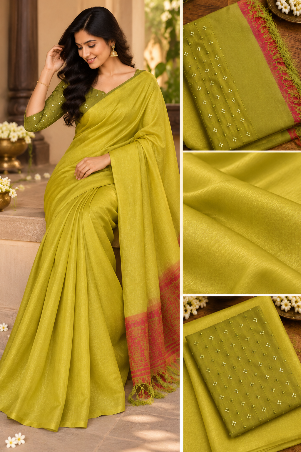 Gold Tissue cotton saree (green)