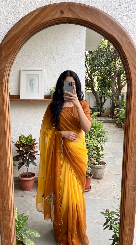 Soft georgette saree with seroski handwork 💛 Fenugreek