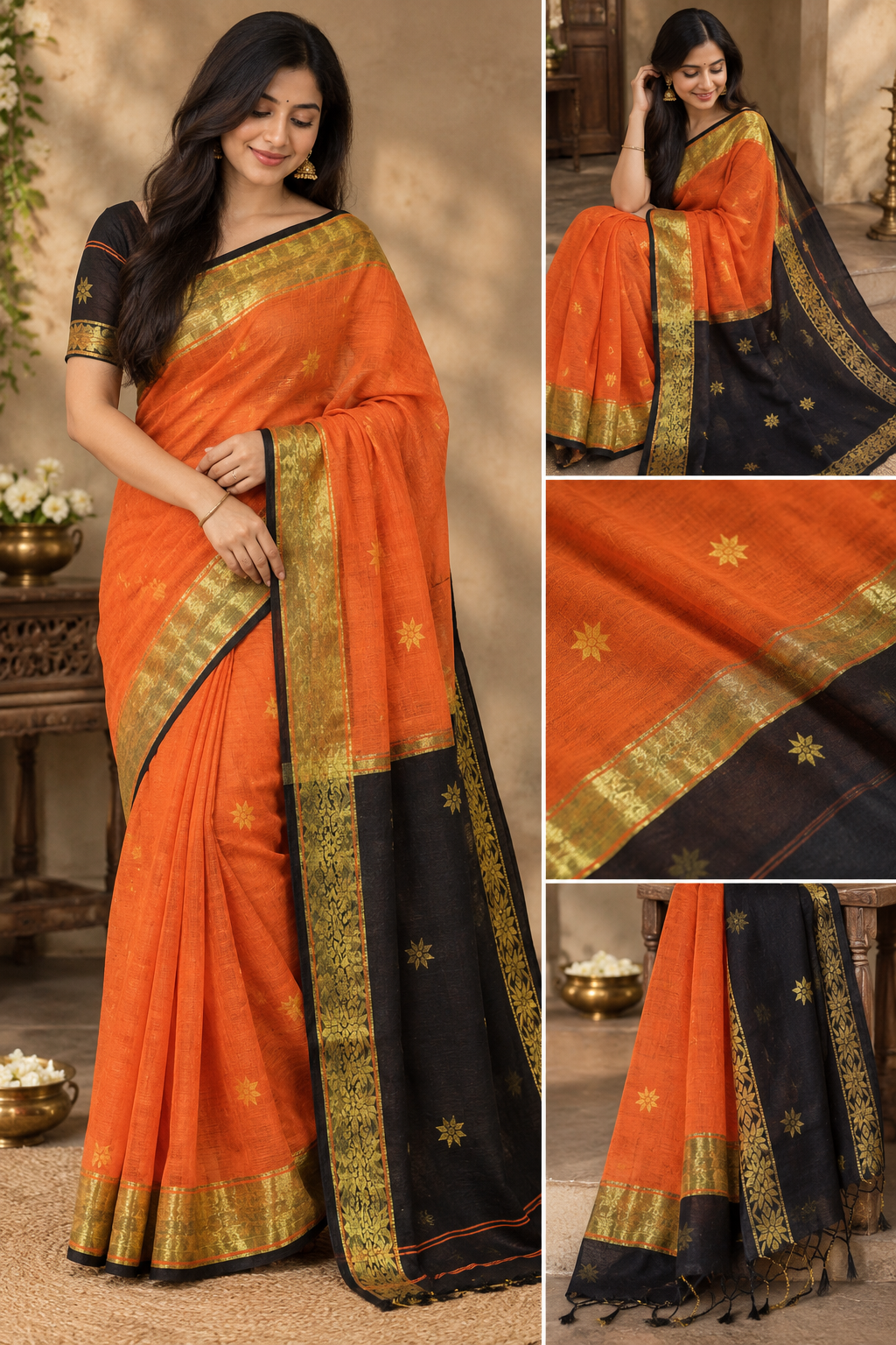 Premium cotton saree (Black and orange)