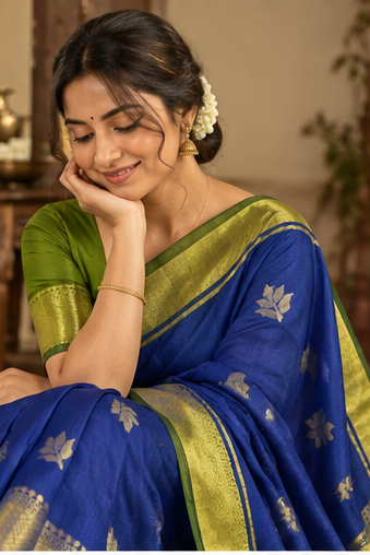 Premium cotton saree (blue and green)