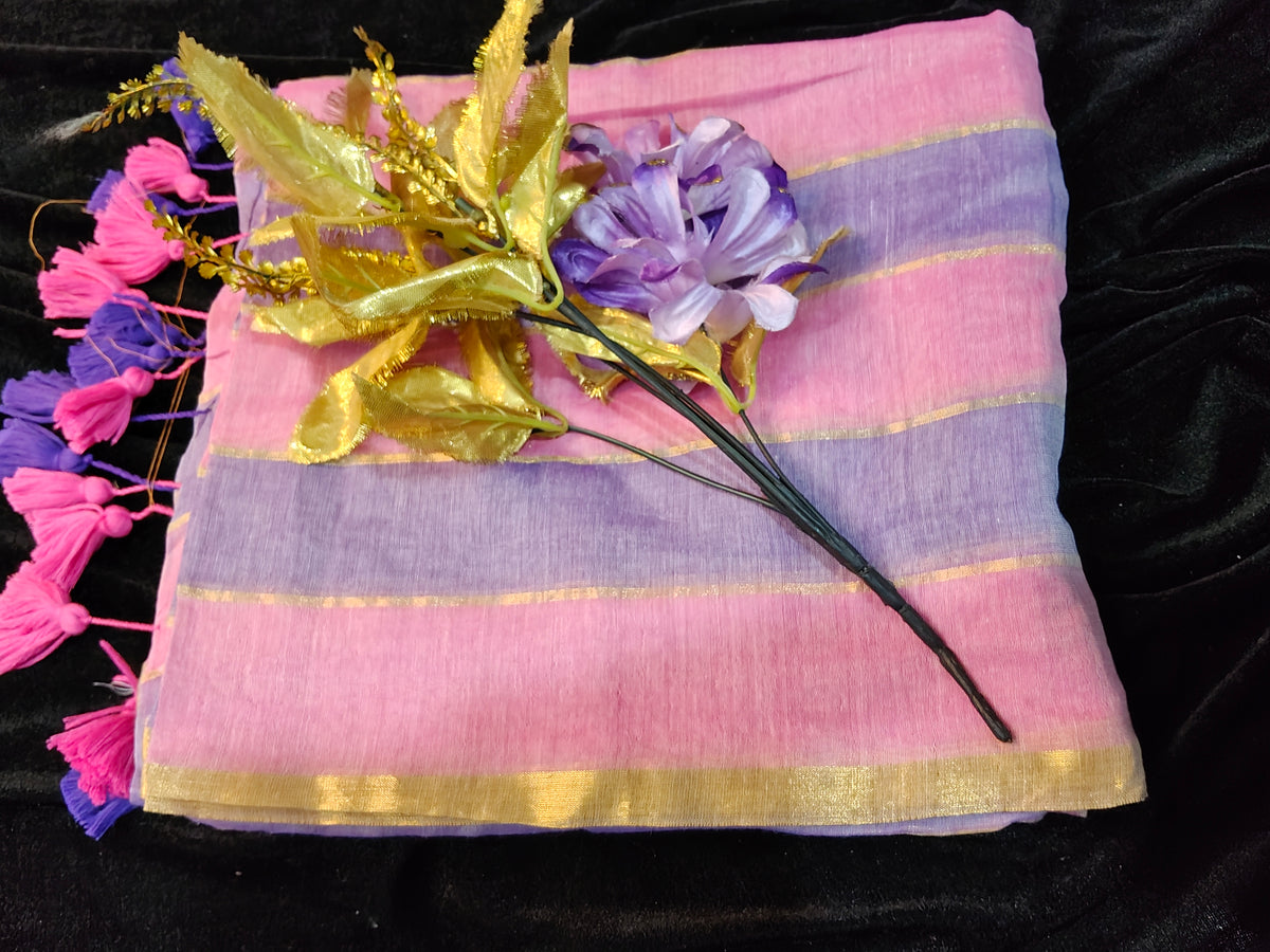Mull  cotton strips saree with light pink and purple