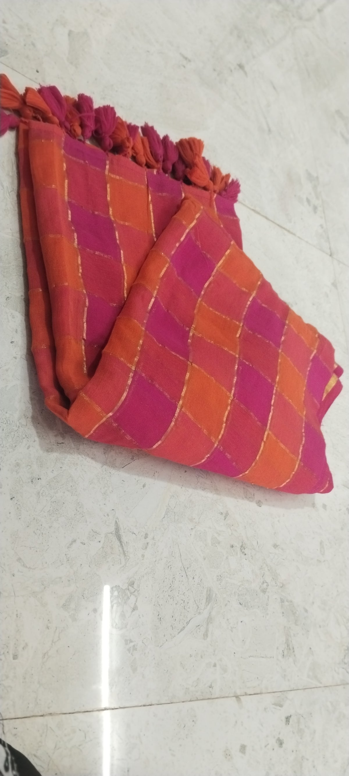 Mull cotton checks saree ( pink and orange)