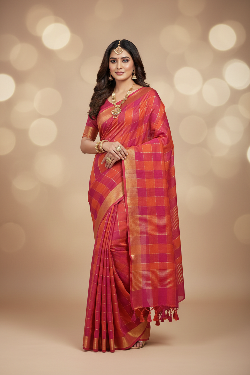 Mull cotton checks saree ( pink and orange)