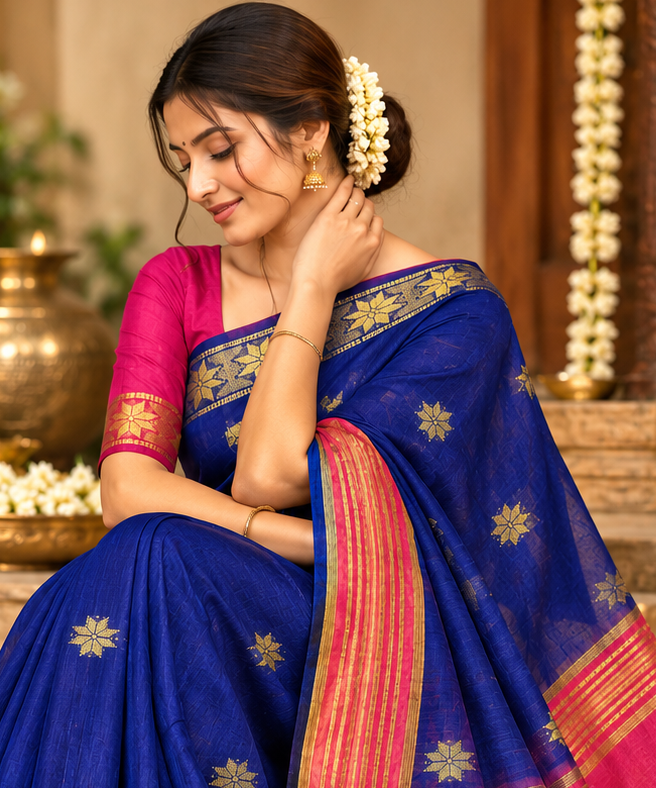 Premium cotton saree (blue and pink)