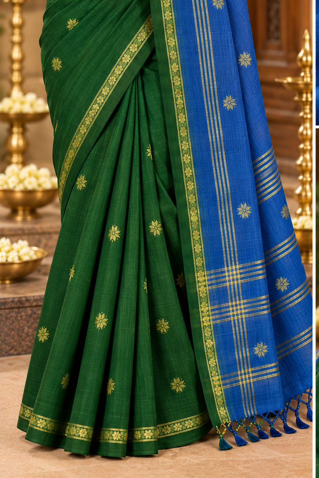 Premium  cotton saree (bottle green and blue)