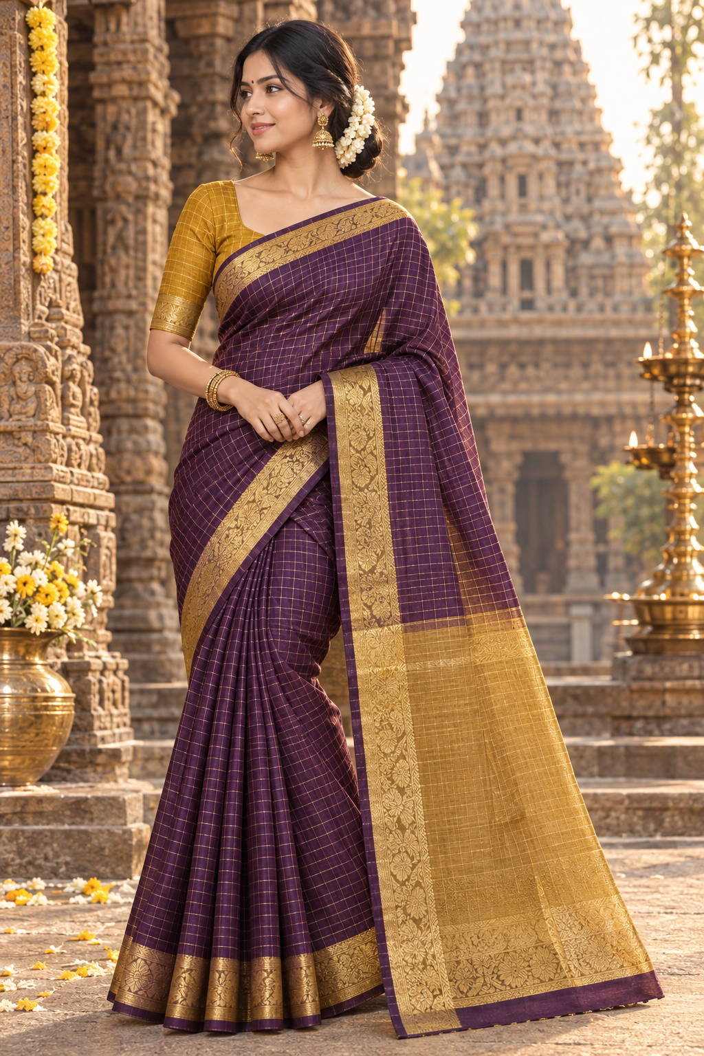 Premium maheshwari checks cotton silk saree (purple and mustard yellow)
