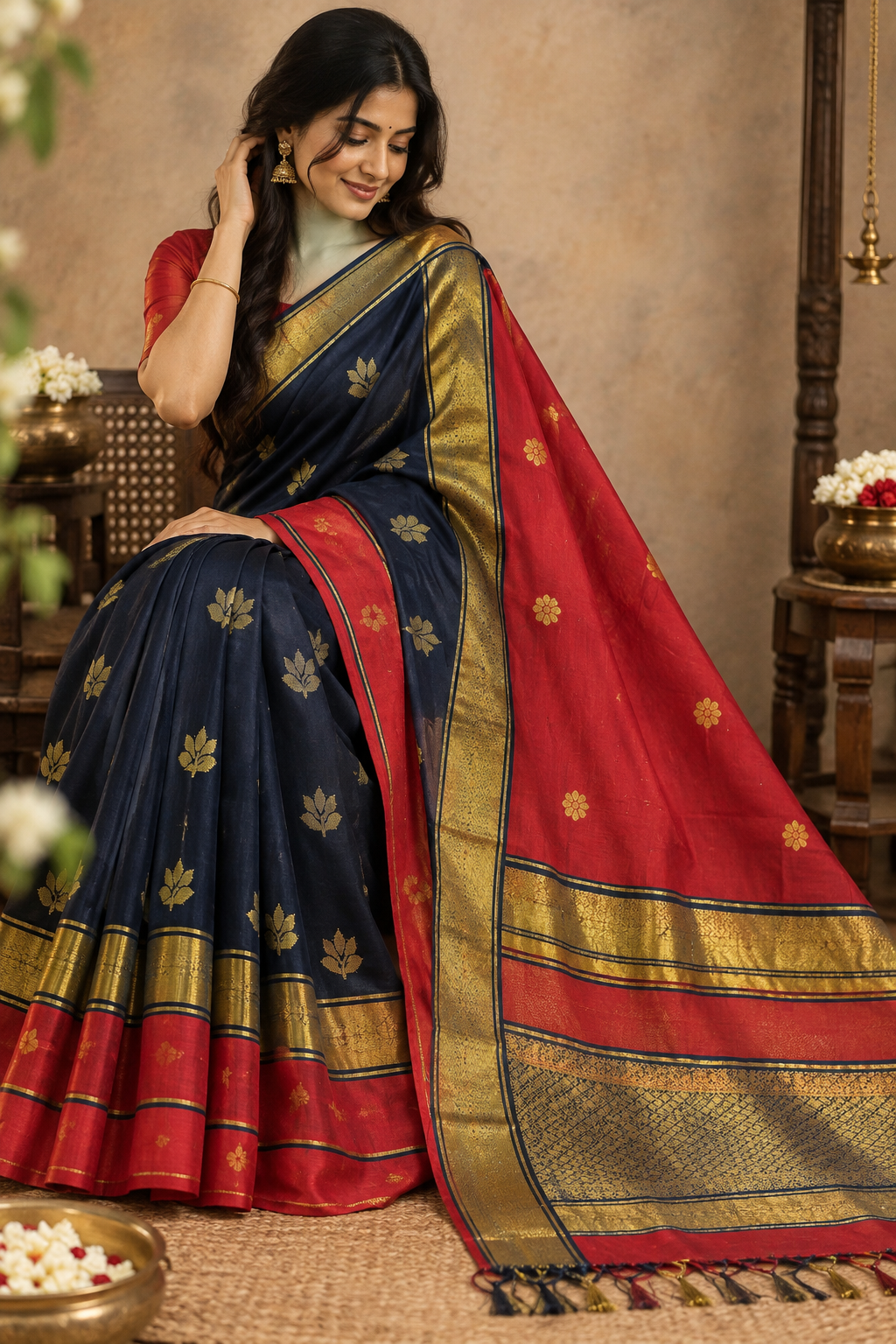 Premium cotton saree (Red and blue)