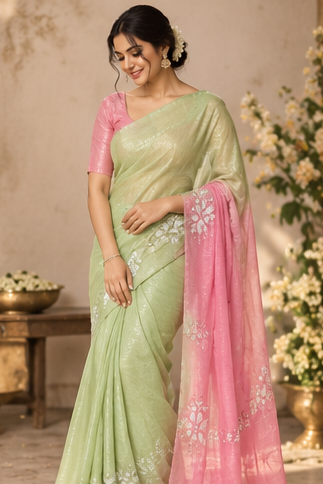 Embroidery scallop crush saree (pink & parrot green)