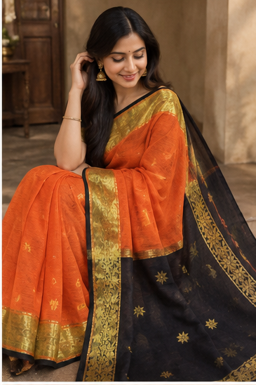 Premium cotton saree (Black and orange)