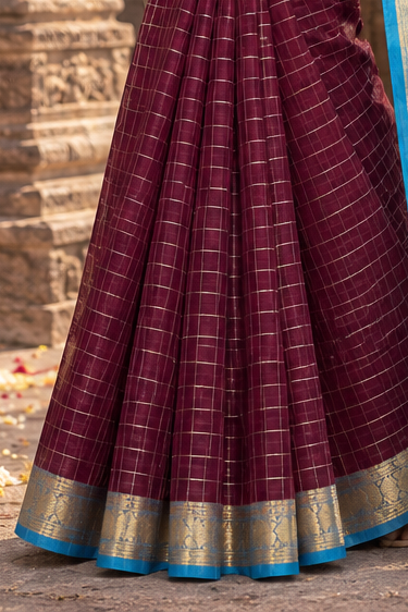 Premium maheshwari checks cotton silk saree (maroon and blue)