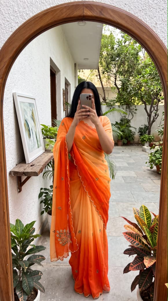 Soft georgette saree with seroski handwork 🧡 Orange