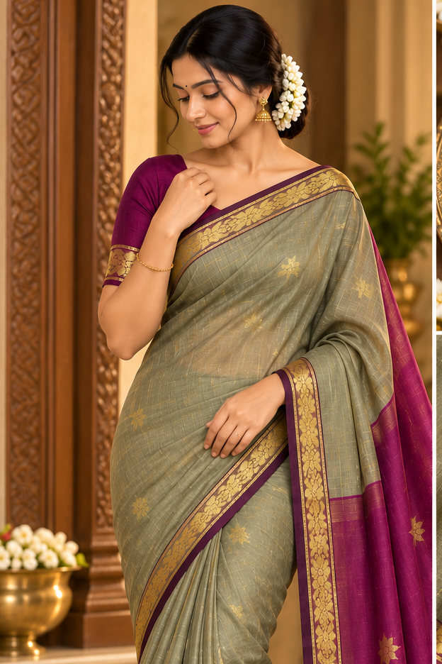 Premium cotton saree (grey and purple)