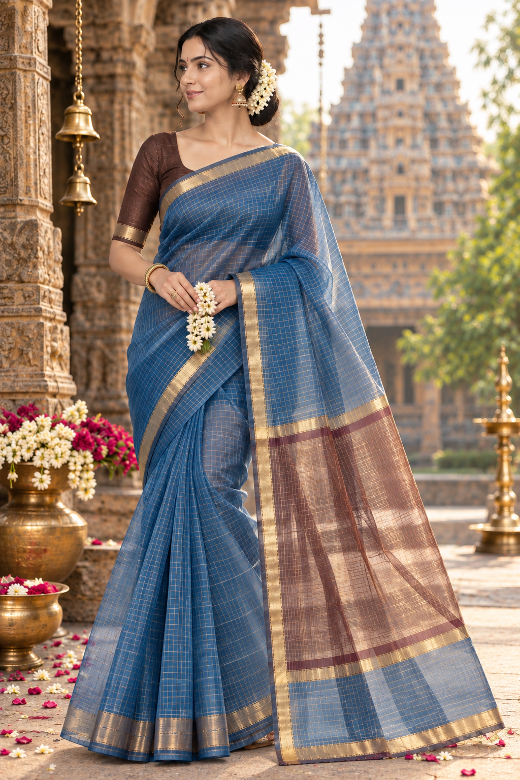 Premium maheshwari checks cotton silk saree (blue and maroon)