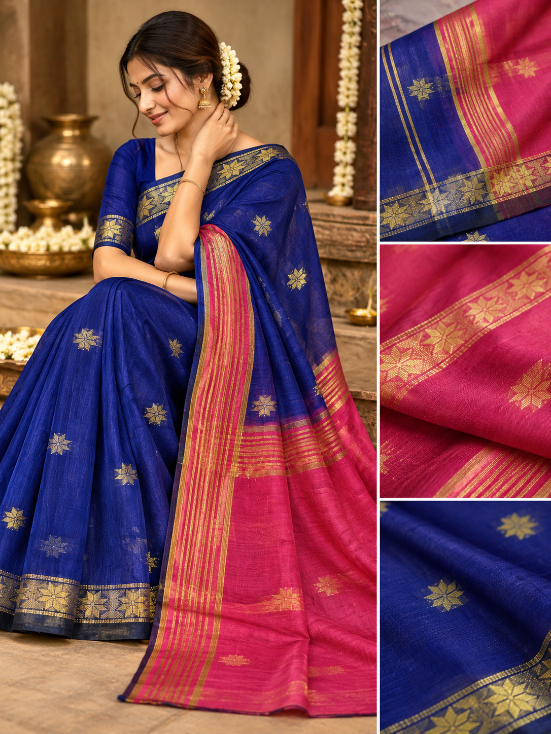 Premium cotton saree (blue and pink)