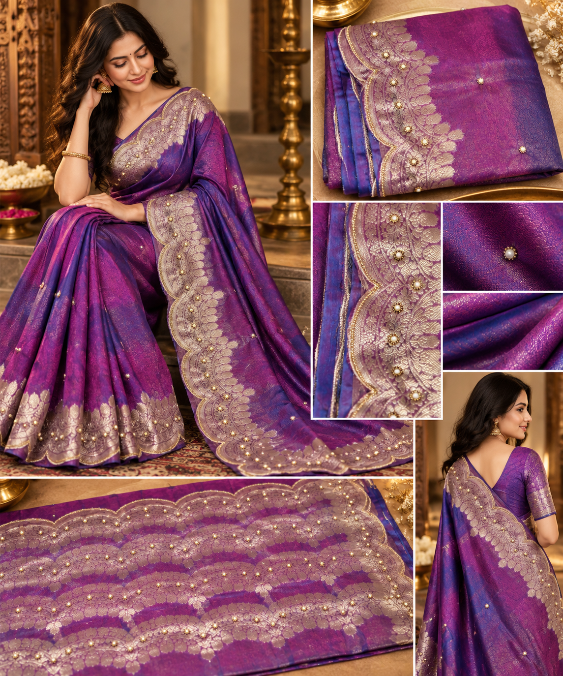 Tissue scalo hand embroidery saree ( purple)
