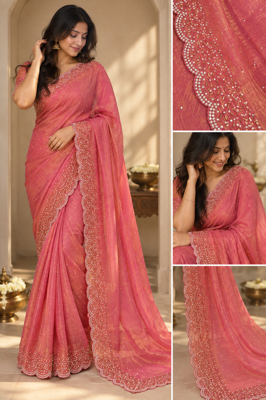 Bling Border saree with stone work (Onion pink)