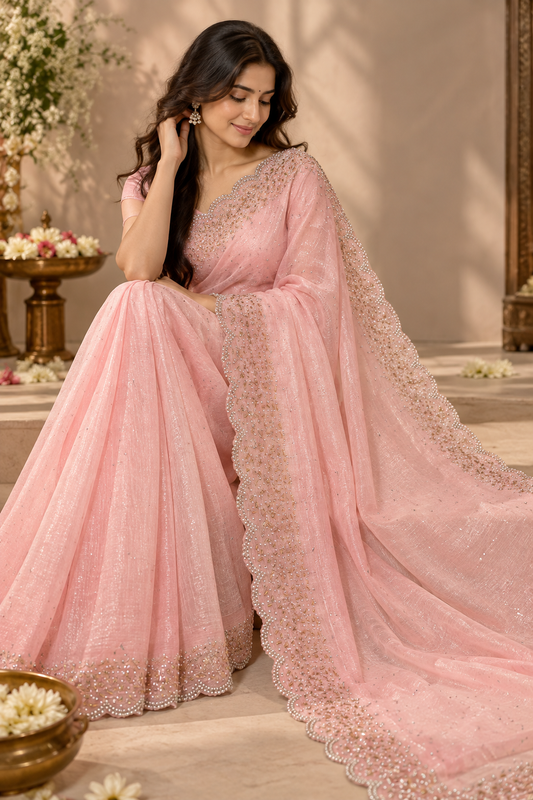Bling Border saree with stone work (baby pink)