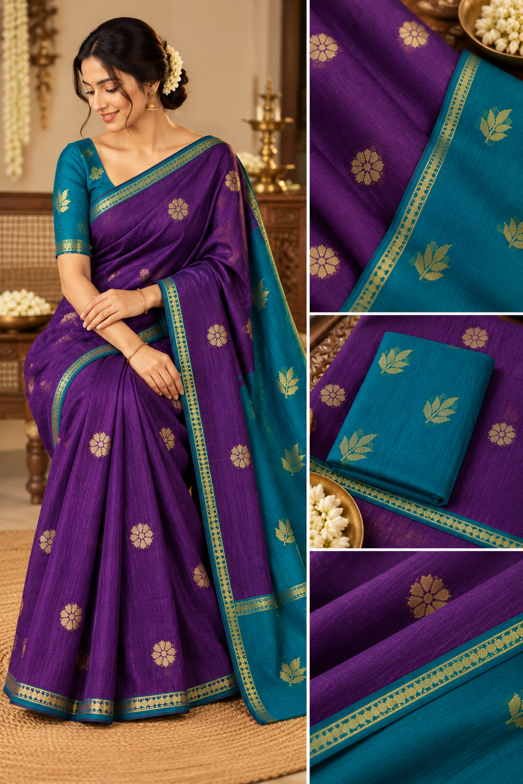 Premium cotton saree (purple and Rama green)