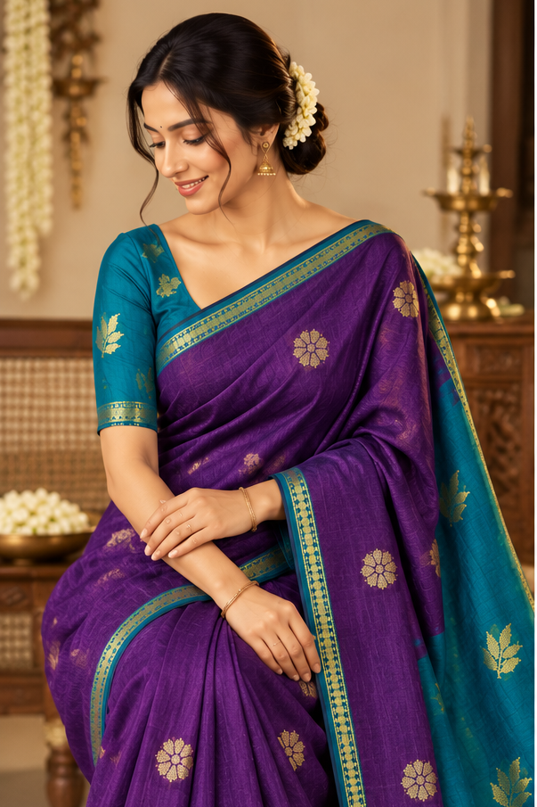 Premium cotton saree (purple and Rama green)