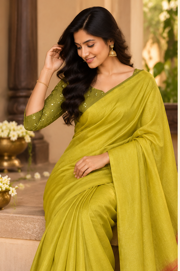 Gold Tissue cotton saree (green)