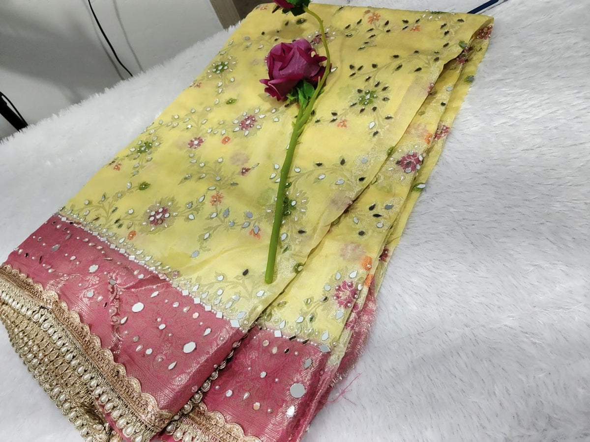 Yellow and pink mirror Georgette Banarasi silk saree